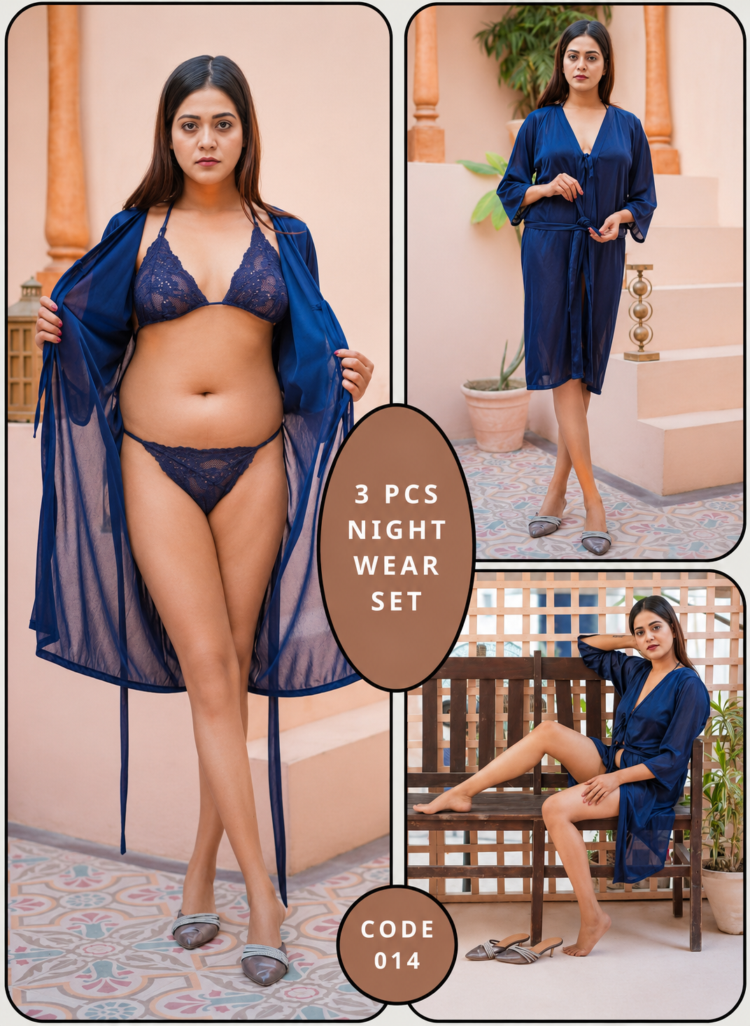 Roses Luxury 3-Piece Gown Bikini Nightwear Set – Code 014