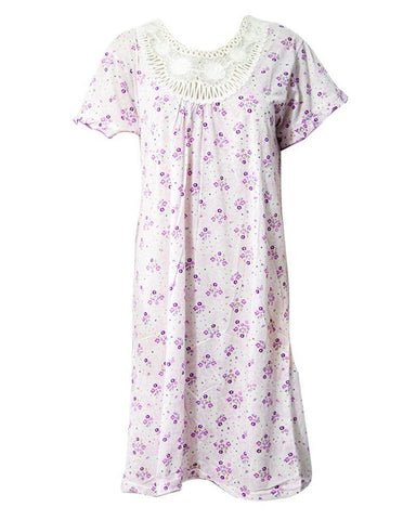 Stylish White Long Nighty With Purple Flower Print 111.9 - Women Nightdress