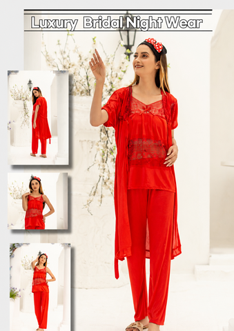 PREMIUM QUALITY .  HIGH QUALITY GSM USE. 3 PIECE NIGHTWEAR . 4 COLOURS .  Stuff=SILK FREE SIZE  28 TO 38 BREAST SIZE EASILY WEAR.