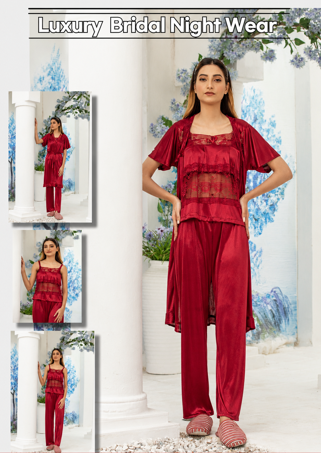 PREMIUM QUALITY .  HIGH QUALITY GSM USE. 3 PIECE NIGHTWEAR . 4 COLOURS .  Stuff=SILK FREE SIZE  28 TO 38 BREAST SIZE EASILY WEAR.