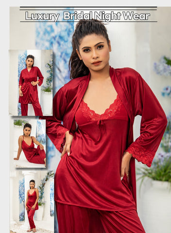 PREMIUM QUALITY .  HIGH QUALITY GSM USE. 3 PIECE NIGHTWEAR . 7 COLOURS .  Stuff=SILK FREE SIZE  28 TO 38 BREAST SIZE EASILY WEAR.