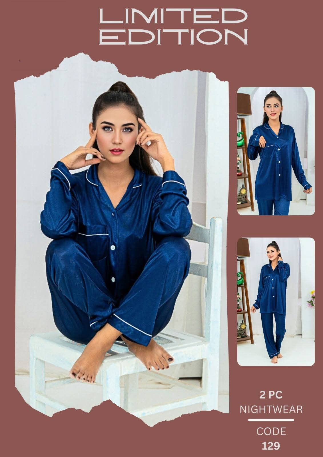 Luxury Silk Nightwear Set Blue V-Neck 3 Pcs