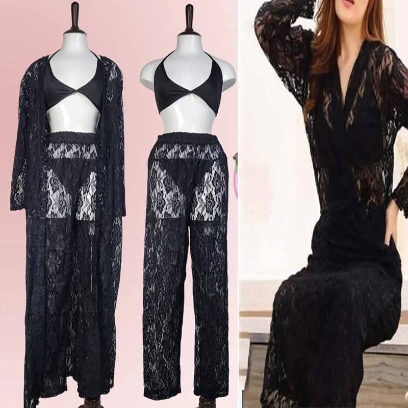 Black Lace Nightwear Set 4 Piece Premium Quality