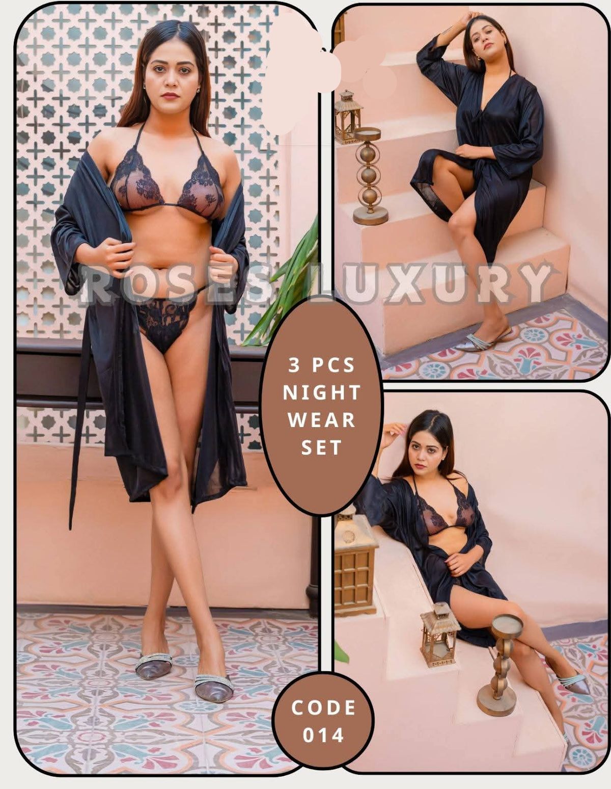 Roses Luxury 3-Piece Gown Bikini Nightwear Set – Code 014