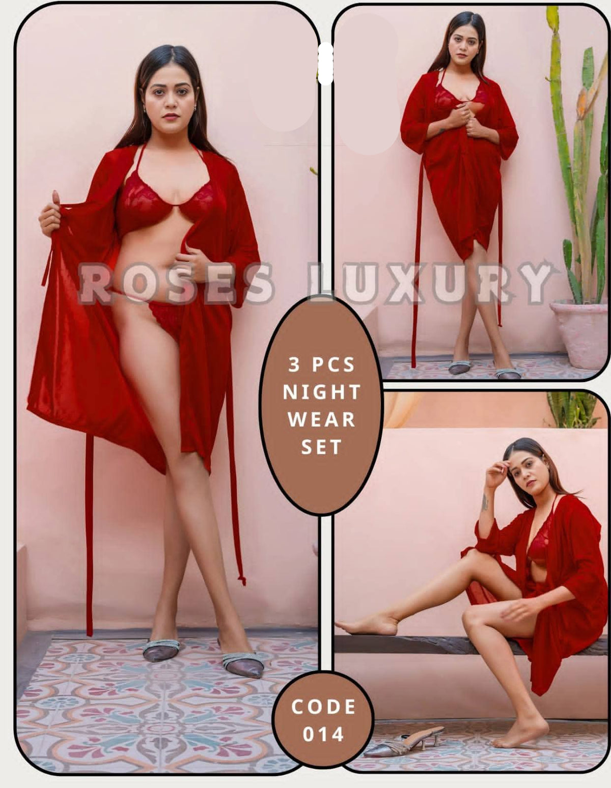 Roses Luxury 3-Piece Gown Bikini Nightwear Set – Code 014