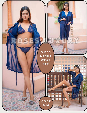 Roses Luxury 3-Piece Gown Bikini Nightwear Set – Code 014