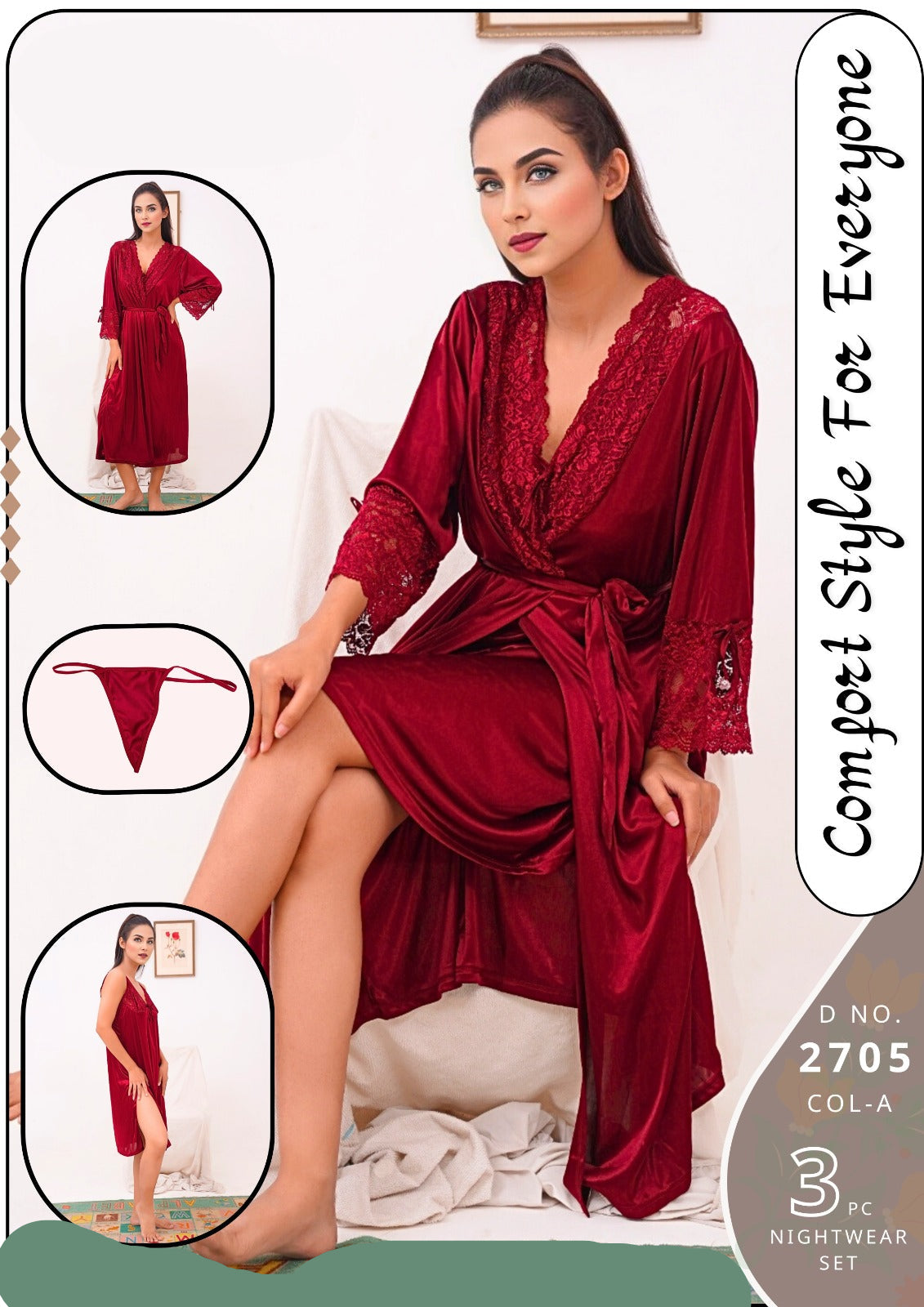 Night Dress Long Gown silk maroon nighty Beautiful Bridal Night Suit Nightwear Sleepwear