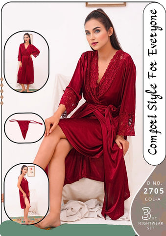 Night Dress Long Gown silk maroon nighty Beautiful Bridal Night Suit Nightwear Sleepwear