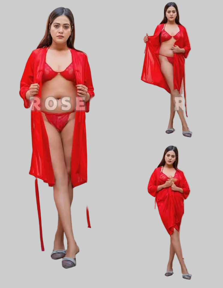 Roses Luxury 3-Piece Nightwear Set (Product Code 014), designed as a bridal or honeymoon lingerie ensemble.