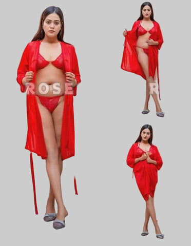 Roses Luxury 3-Piece Nightwear Set (Product Code 014), designed as a bridal or honeymoon lingerie ensemble.