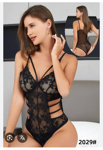 Cutout Detail Halter Neck Lace Bodysuit in Black