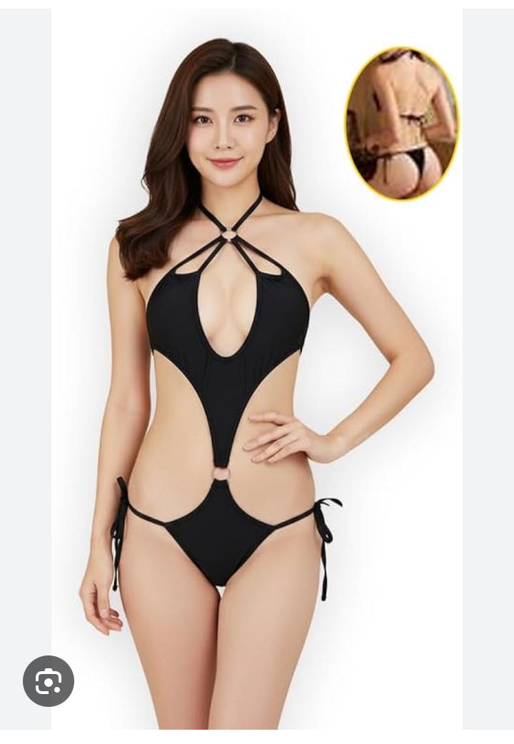 black monokini-style bodysuit characterized by its provocative, minimalist construction and extreme cutout details.