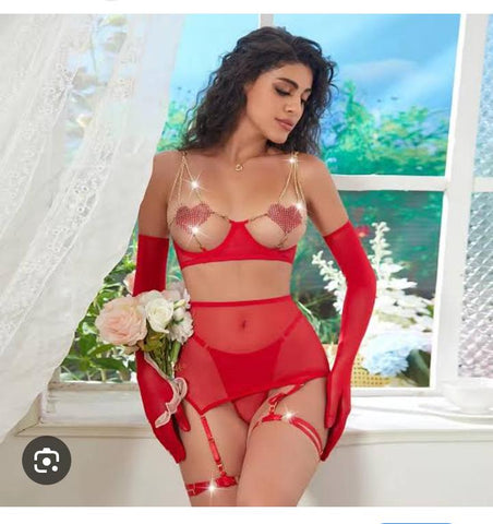 Red Mesh Crystal Heart Chain Cut-Out Lingerie 4-Piece Set with Glove