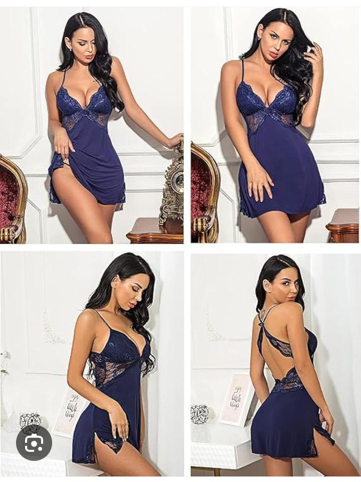 Women's Lace-Trimmed Sleepwear Nightgown, Navy Blue, V-Neck Babydoll Chemise