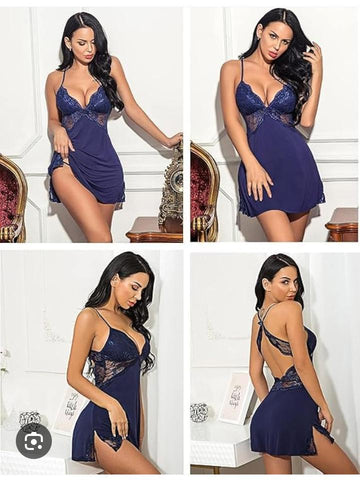 Women's Lace-Trimmed Sleepwear Nightgown, Navy Blue, V-Neck Babydoll Chemise