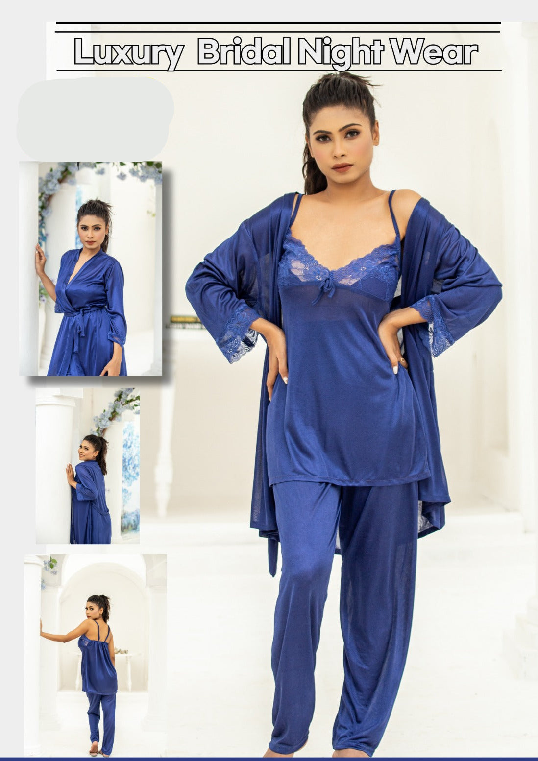 Premium Blue Silk Nightgown Set -  Lace Sleepwear