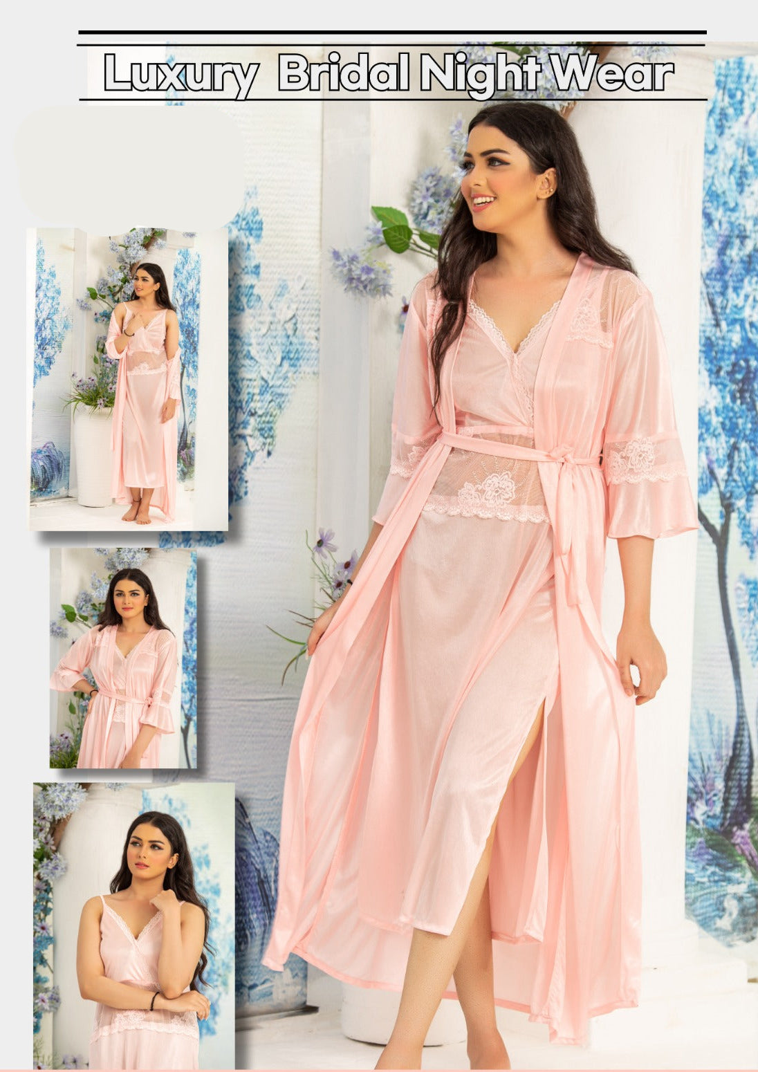 Women's Satin Long Nighty, Lace Trim Bell Sleeves, V-Neck, Belted Maxi Night Gown