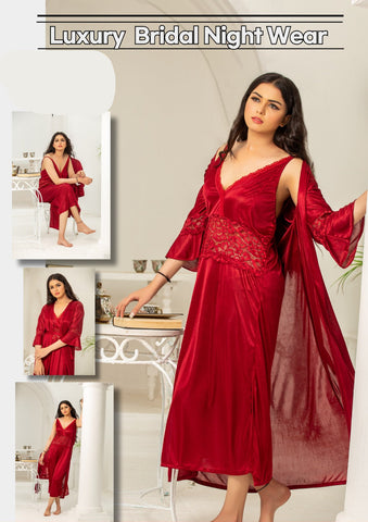 Women's Satin Long Nighty, Lace Trim Bell Sleeves, V-Neck, Belted Maxi Night Gown