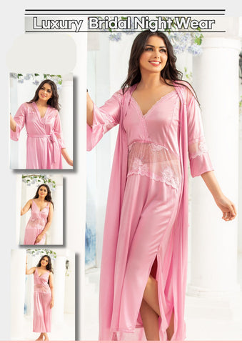 Women's Satin Long Nighty, Lace Trim Bell Sleeves, V-Neck, Belted Maxi Night Gown