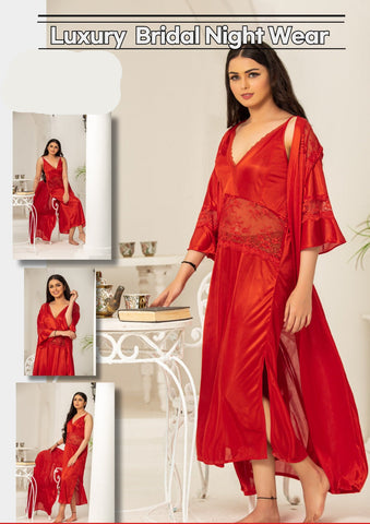 Women's Satin Long Nighty, Lace Trim Bell Sleeves, V-Neck, Belted Maxi Night Gown