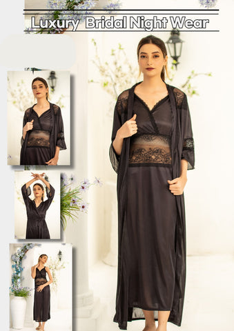 Women's Satin Long Nighty, Lace Trim Bell Sleeves, V-Neck, Belted Maxi Night Gown