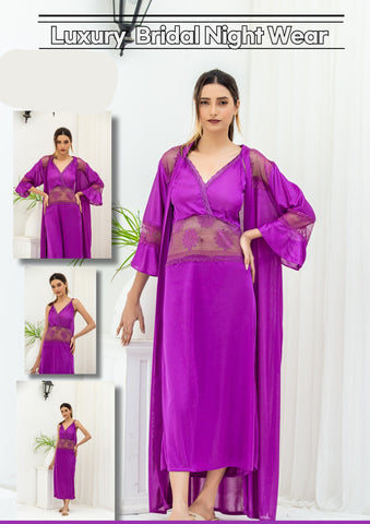 Women's Satin Long Nighty, Lace Trim Bell Sleeves, V-Neck, Belted Maxi Night Gown