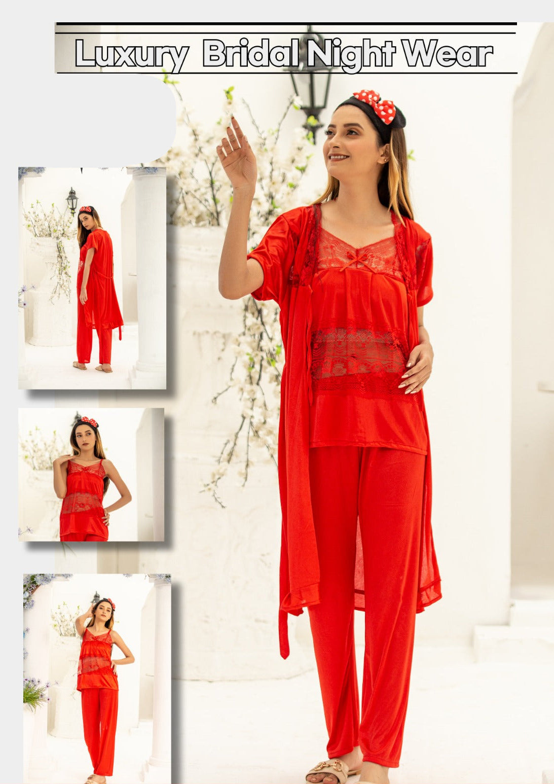 3-Piece Luxury Nightwear Silk Nightwear Set – Bridal Set Code 358