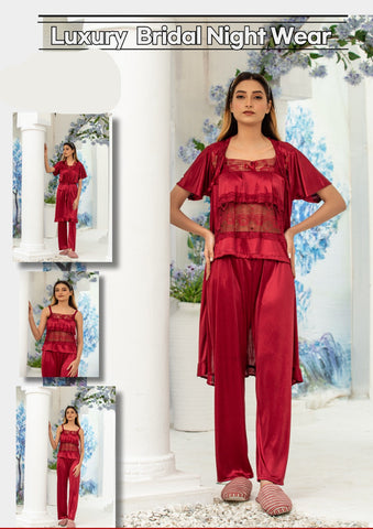 3-Piece Luxury Nightwear Silk Nightwear Set – Bridal Set Code 358