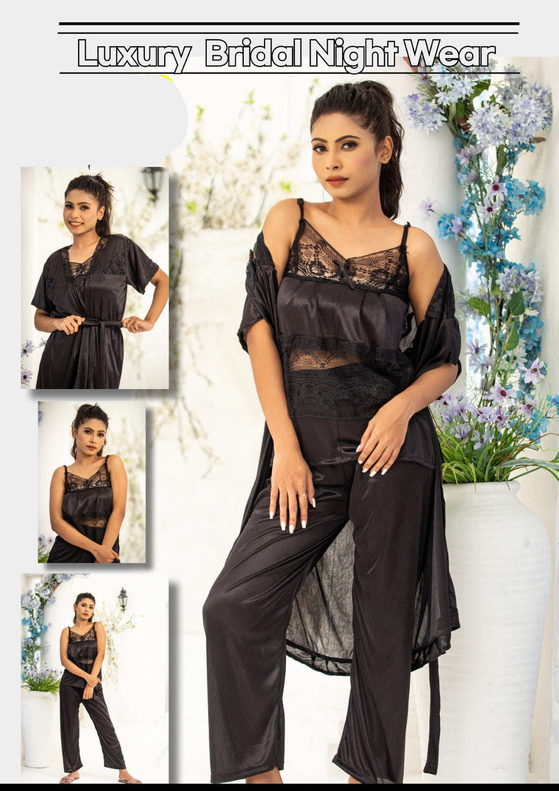 3-Piece Luxury Nightwear Silk Nightwear Set – Bridal Set Code 358
