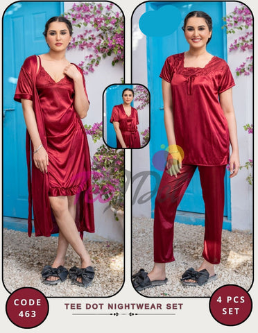 Silk Lace Nightgown & Sleep Shirt Maroon 4 Pcs