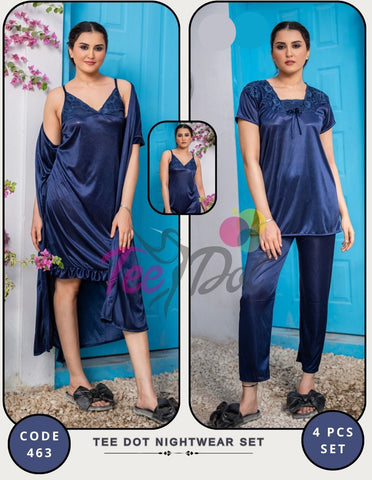 Silk Lace Nightgown & Sleep Shirt Navy Blue 4 Pcs
