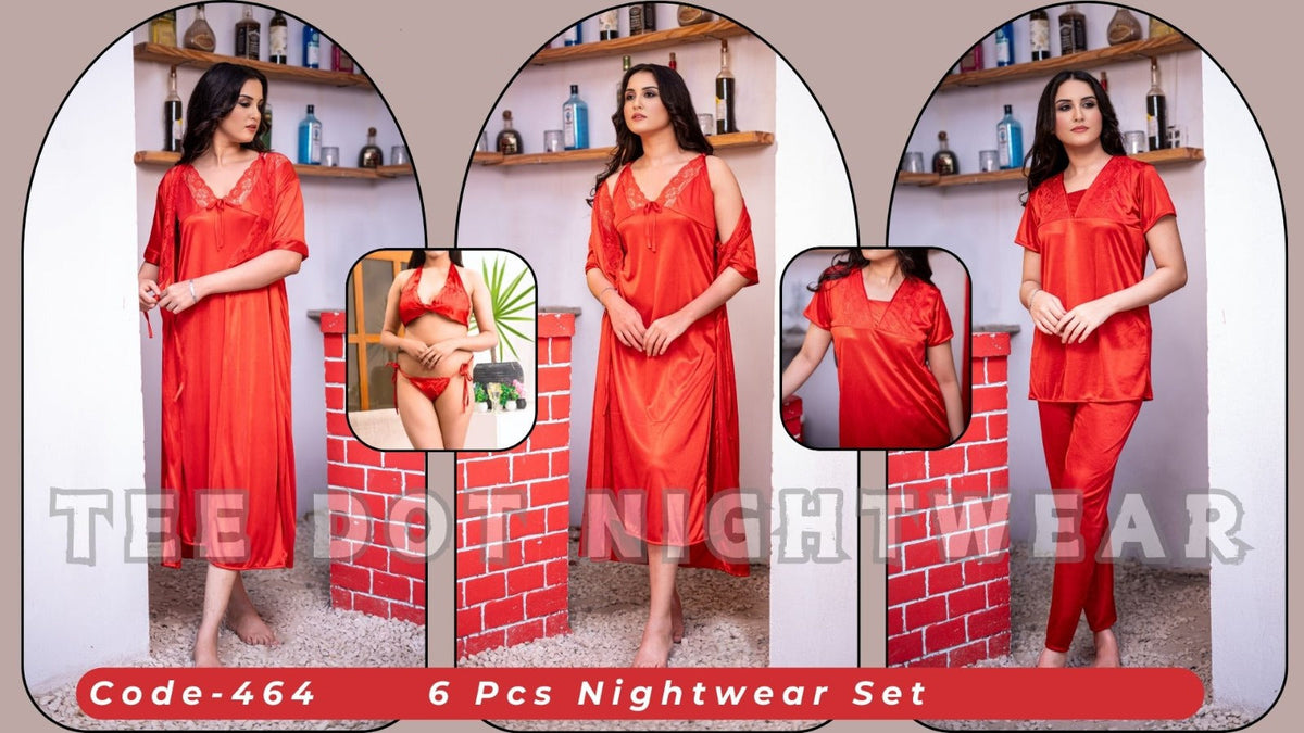 Romantic Nightwear - 6Pcs Bridal Nighty Sets - Long Nighty with Gown & Sexy Pajama Set
