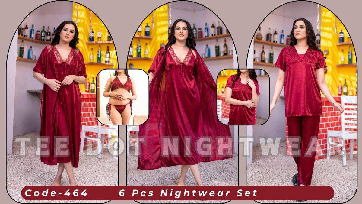 Romantic Nightwear - 6Pcs Bridal Nighty Sets - Long Nighty with Gown & Sexy Pajama Set