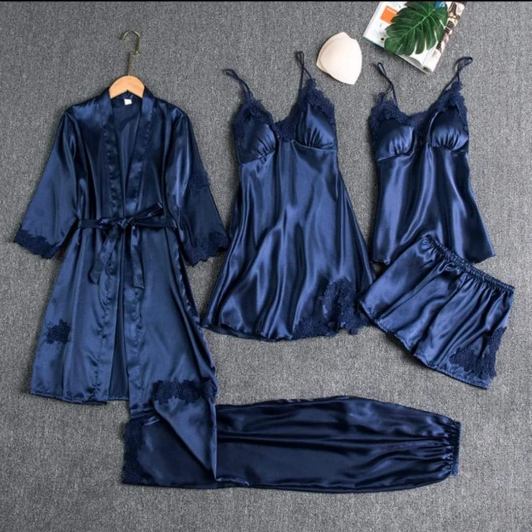 5 Piece Silk Long Bridal Nighty Set Best Honeymoon Gown with Bra and Pant