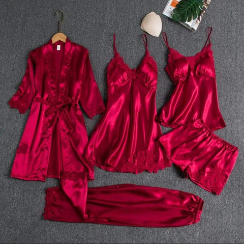 5 Piece Silk Long Bridal Nighty Set Best Honeymoon Gown with Bra and Pant