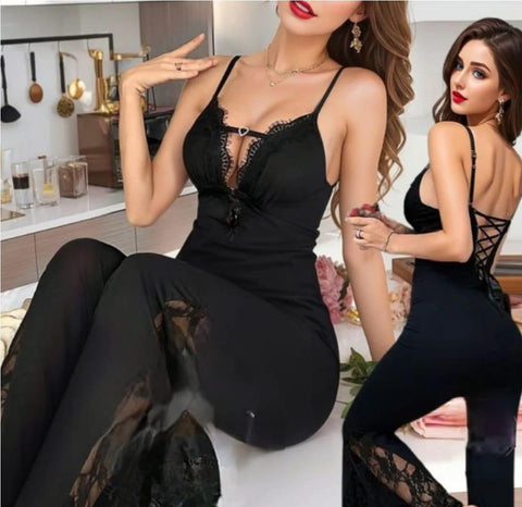 Sexy two-piece pajama set (or sleeveless jumpsuit) featuring a fitted camisole top and matching flare pants