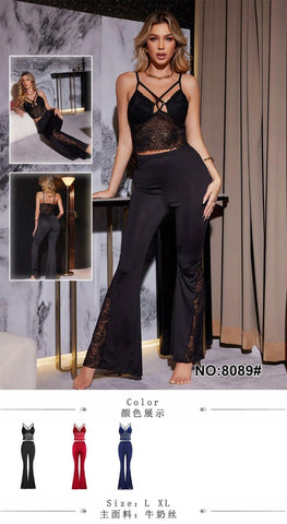 Sexy two-piece pajama set (or sleeveless jumpsuit) featuring a fitted camisole top and matching flare pants