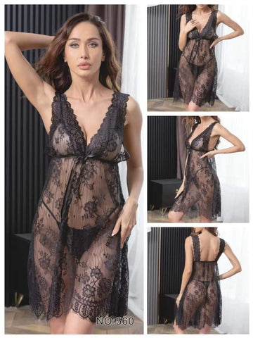 Black sheer lace babydoll nightgown
