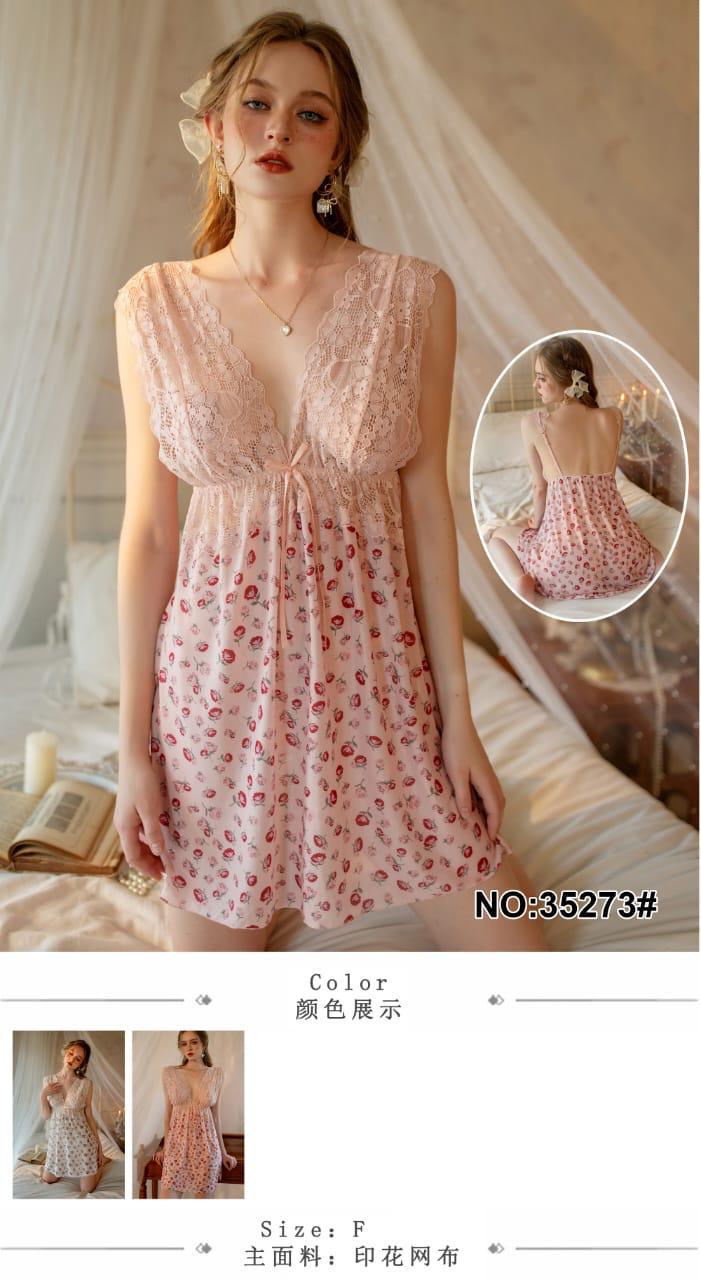 Women's Premium Pink Floral Print Babydoll Nighty / Sheer Mesh Lace Lingerie Sleep Dress