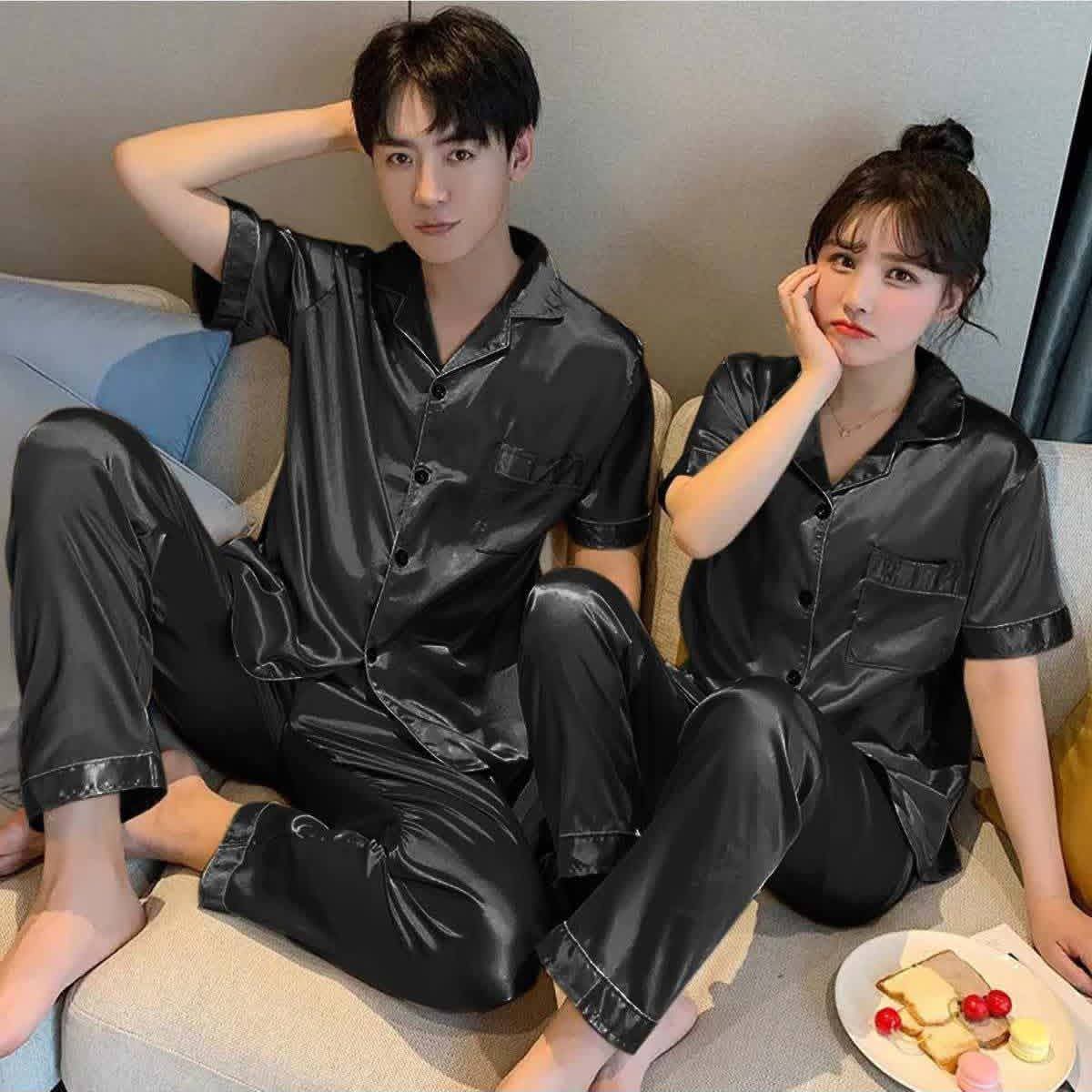 "Luxury Black Satin Silk Matching Couple Nightwear / Pajama Suit Set".
