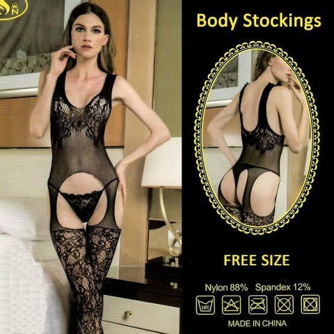 Full-body lingerie garment designed as an open-crotch fishnet body stocking.
