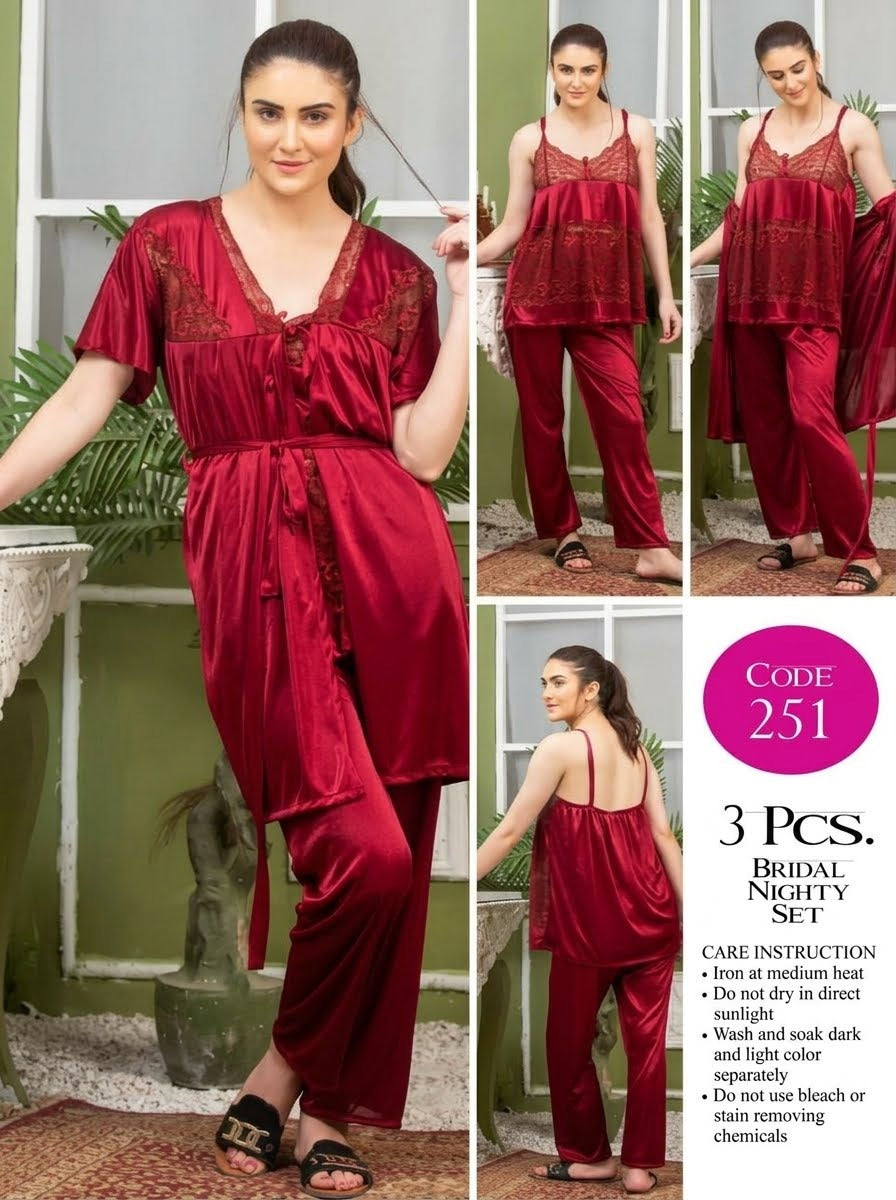 3-Piece Bridal Nighty Set. It is a premium nightwear ensemble designed primarily for weddings, honeymoons, or comfortable lounging.