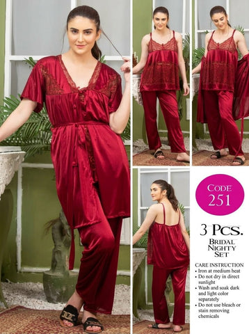 3-Piece Bridal Nighty Set. It is a premium nightwear ensemble designed primarily for weddings, honeymoons, or comfortable lounging.