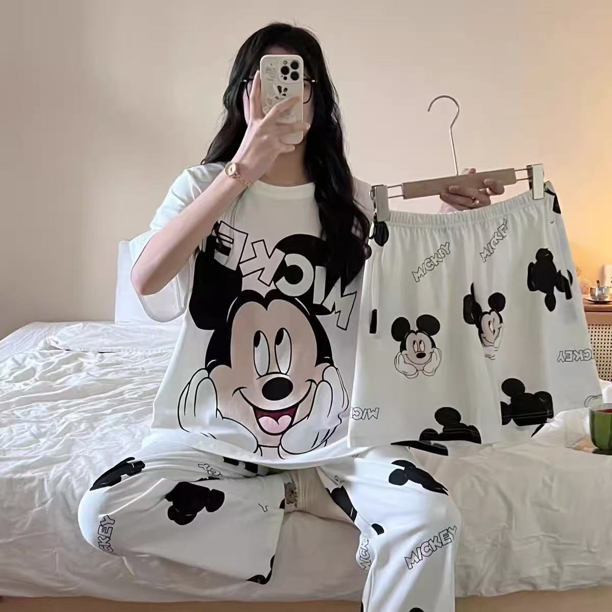 Disney Mickey White Women's Spring Summer Pajamas Set Three-piece Short Sleeve + Shorts + Trousers Soft And Comfortable Home wear L