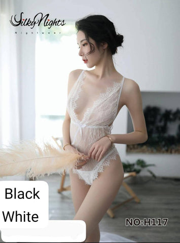 One-Piece lace teddy bodysuit, categorized as intimate nightwear or lingerie. It features a delicate, sheer design crafted from white floral net lace.