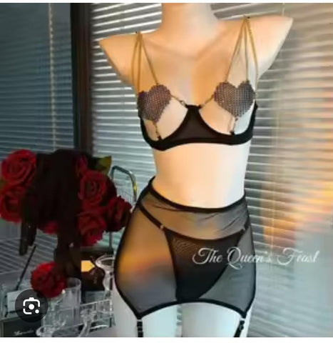 Red Mesh Crystal Heart Chain Cut-Out Lingerie 4-Piece Set with Glove