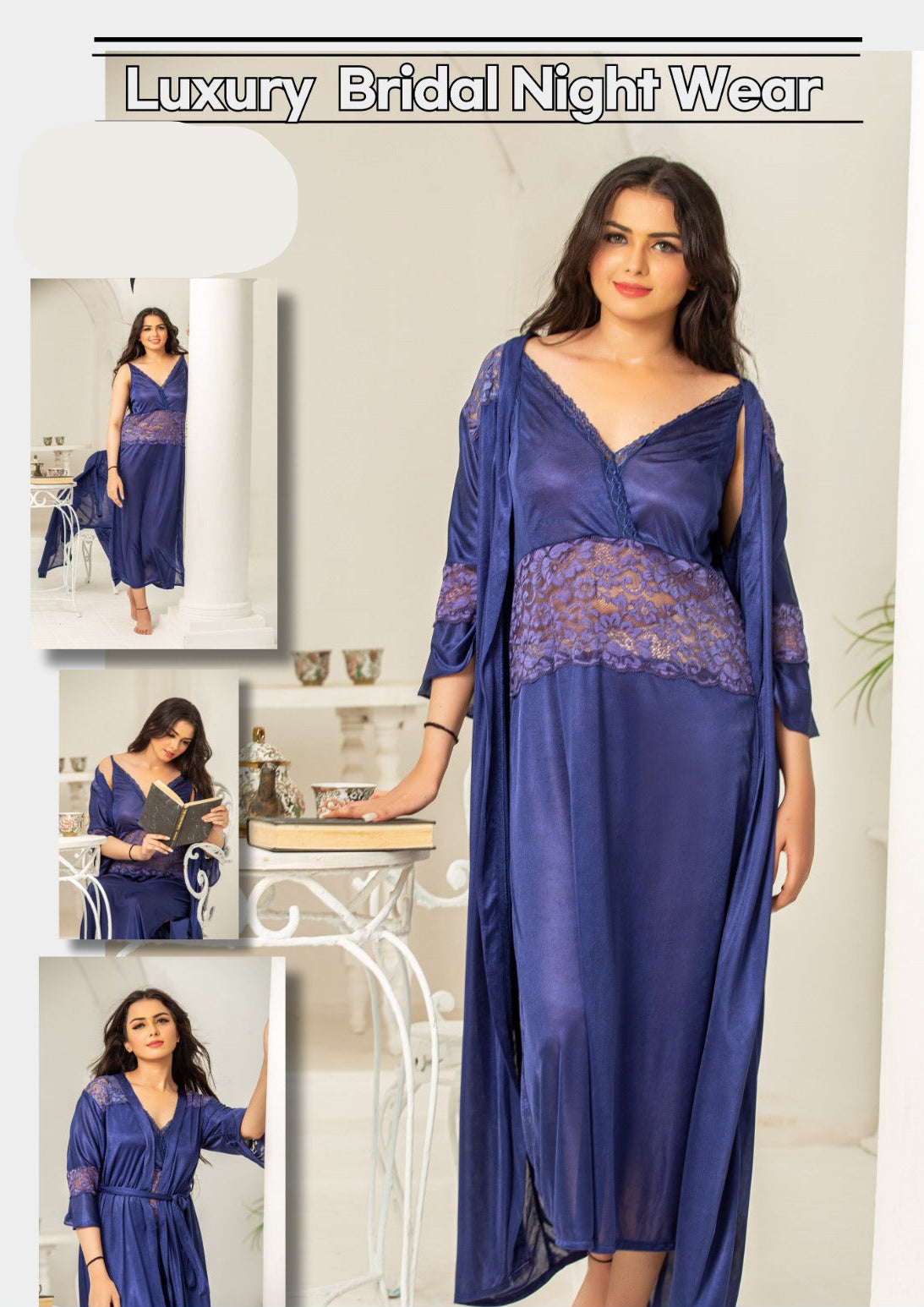 Women's Satin Long Nighty, Lace Trim Bell Sleeves, V-Neck, Belted Maxi Night Gown
