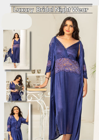 Women's Satin Long Nighty, Lace Trim Bell Sleeves, V-Neck, Belted Maxi Night Gown