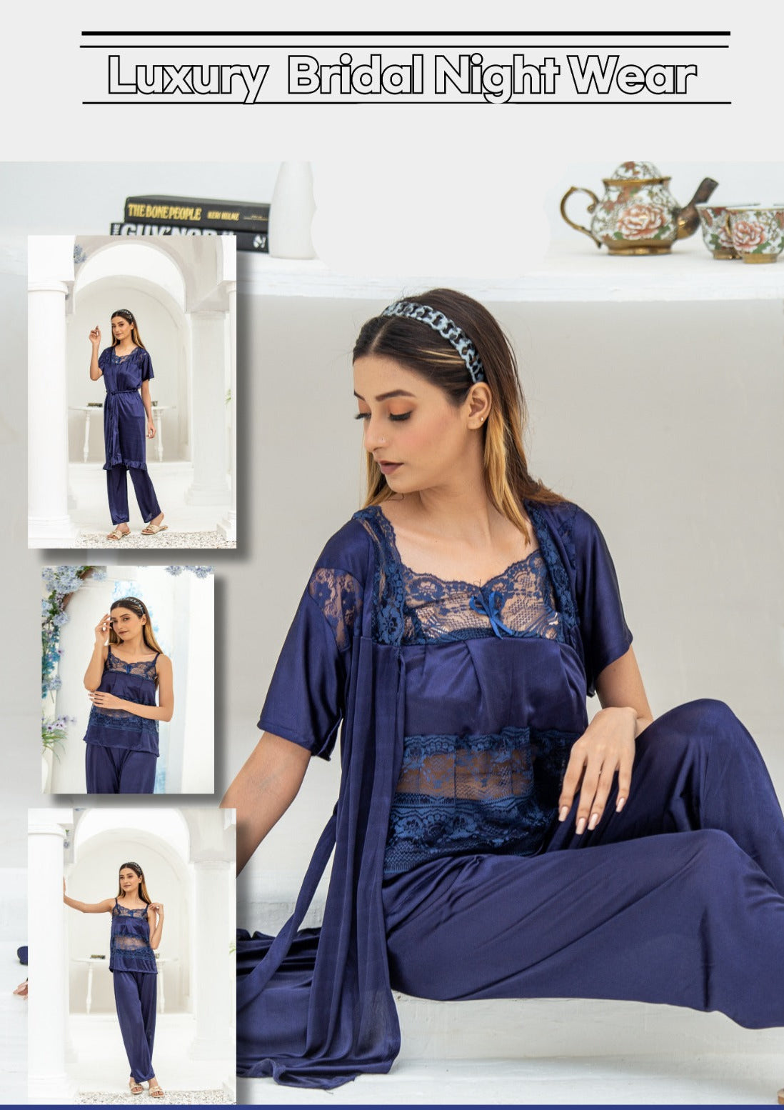 3-Piece Luxury Nightwear Silk Nightwear Set – Bridal Set Code 358