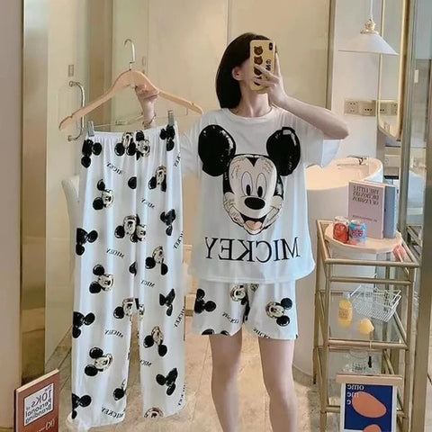 Disney Mickey White Women's Spring Summer Pajamas Set Three-piece Short Sleeve + Shorts + Trousers Soft And Comfortable Home wear L